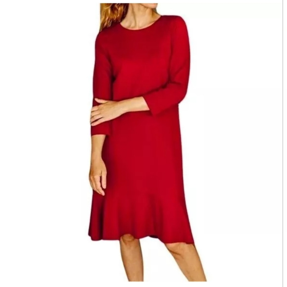 J Jill Ponte Cherry Red 3/4 Sleeve Ruffle Hem Midi Dress Size XL